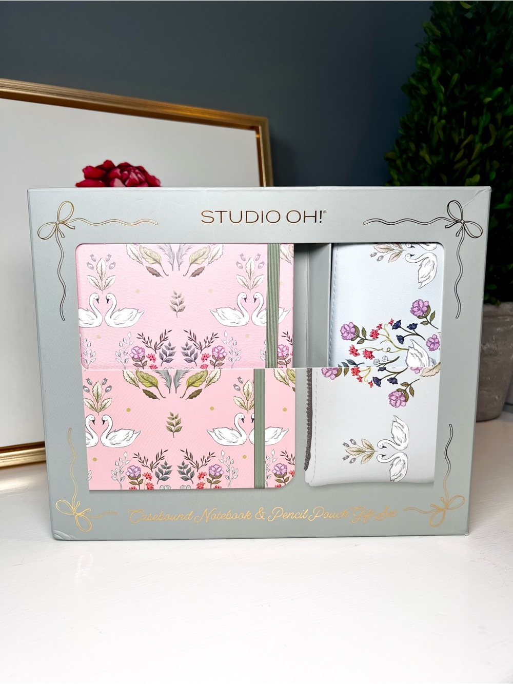 STUDIO OH! Pink Swan Notebook & Floral Swan Pencil Pouch Set